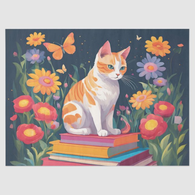 Papel De Seda Gato em uma Pilha de Livros (Frente )