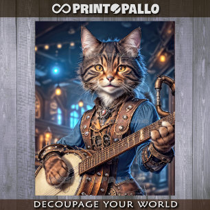 Papel De Seda Gato fêmea Steampunk tocando banjo -