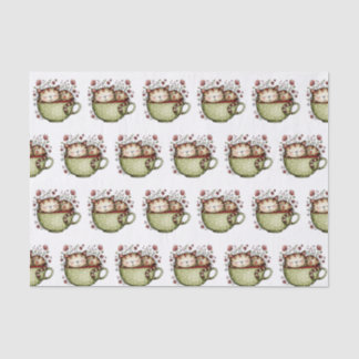 Papel De Seda Gato Fofo Dormindo Xícara Bolinhas Floral