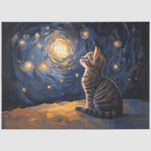 Papel De Seda Gato Malhado Contemplando o Céu Estrelado Espiral