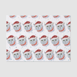 Papel De Seda Gato Prateado Fofo com Chapéu de Papai Noel Natal