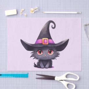 Papel De Seda Gato preto bonito Vestindo chapéu de bruxa