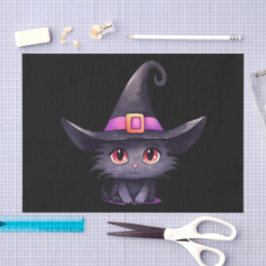 Papel De Seda Gato preto bonito Vestindo chapéu de bruxa