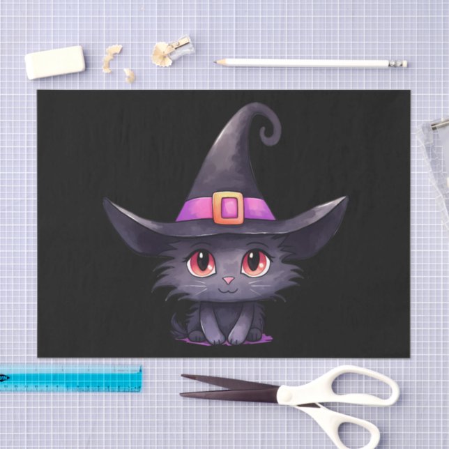 Papel De Seda Gato preto bonito Vestindo chapéu de bruxa (Arte )