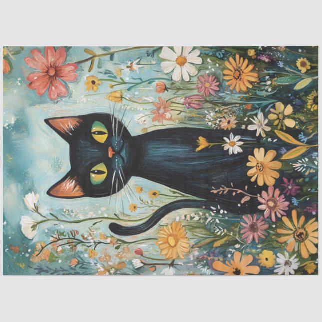 Papel De Seda Gato Preto Caprichoso com Decoupage de Flores Silv (Frente )