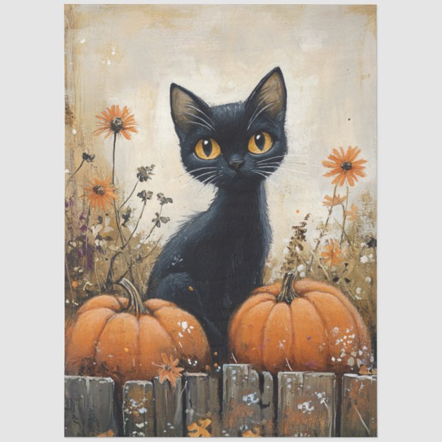 Papel De Seda Gato Preto Caprichoso e Decoupage de Abóboras (Frente )