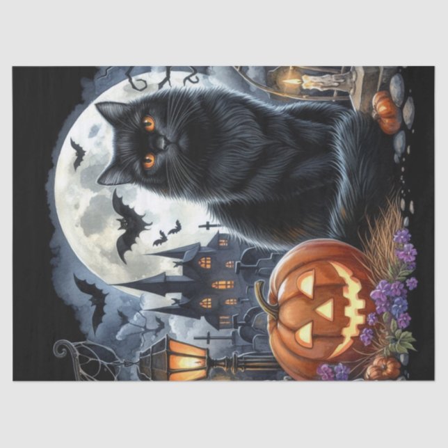 Papel De Seda Gato Preto de Halloween Assustador Decoupage (Frente )