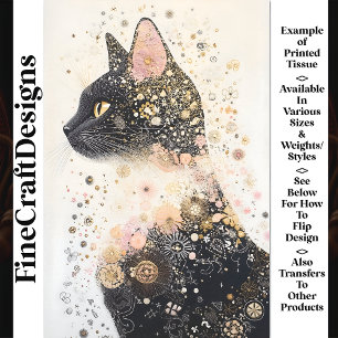 Papel De Seda Gato Preto Delicado e Motivos Florais AR6 Decoupag