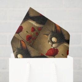 Papel de Seda Gato Preto e Branco Flor Vermelha Fl