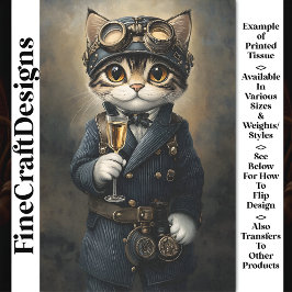 Papel De Seda Gato Steampunk com Champanhe AG8O Decoupage