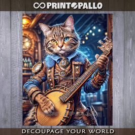 Papel De Seda Gato steampunk tocando banjo em pub azul -
