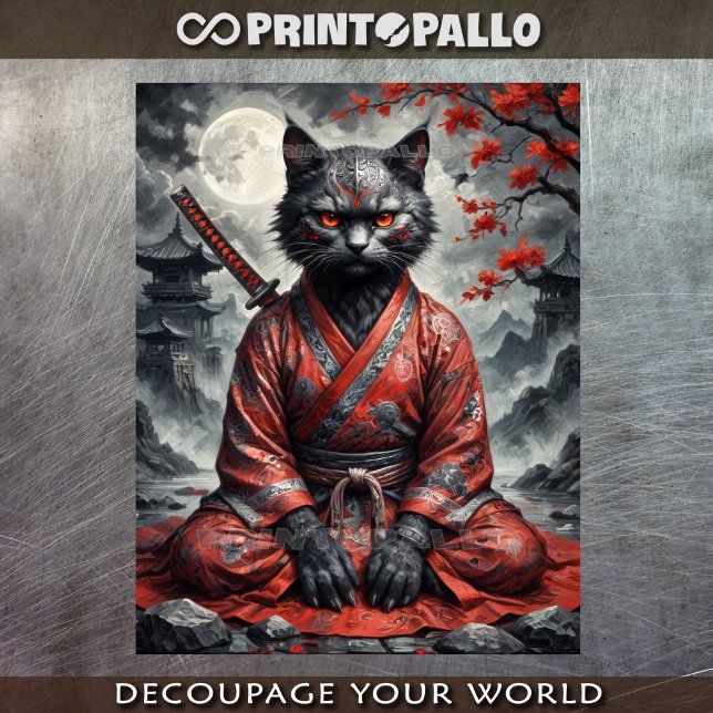 Papel De Seda Gato vampiro samurai com katana em meditação (Criador carregado)