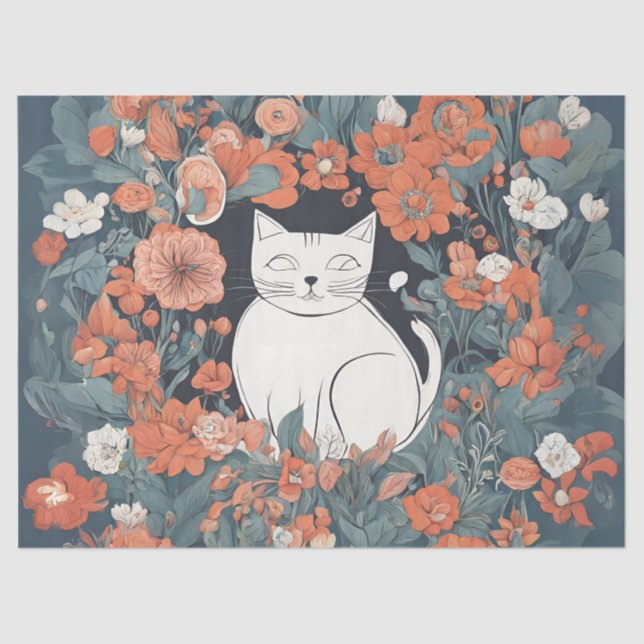 Papel De Seda Gato Whimsical no Jardim Flor (Frente )