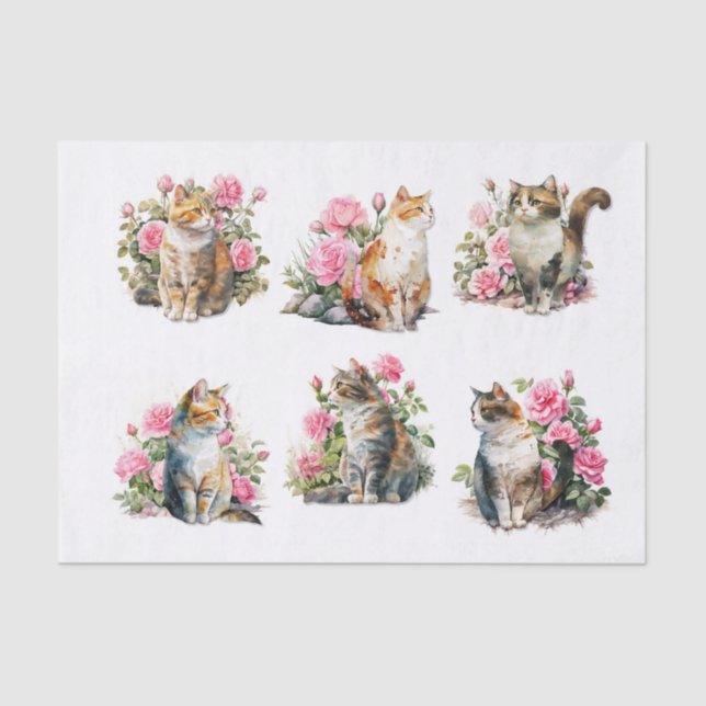 Papel De Seda Gatos bonito numa Cama de Rosas Rosa (Frente )