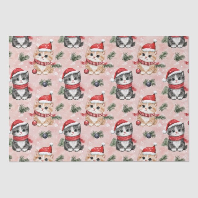 Papel De Seda Gatos de Natal Fofos em Rosa (Frente )
