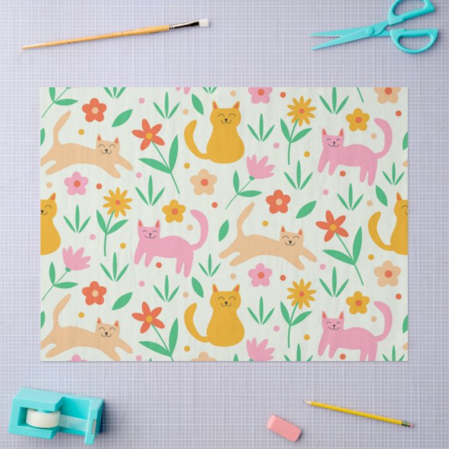 Papel De Seda Gatos Felizes Retro com Flores Laranja Vermelho e  (Arte )