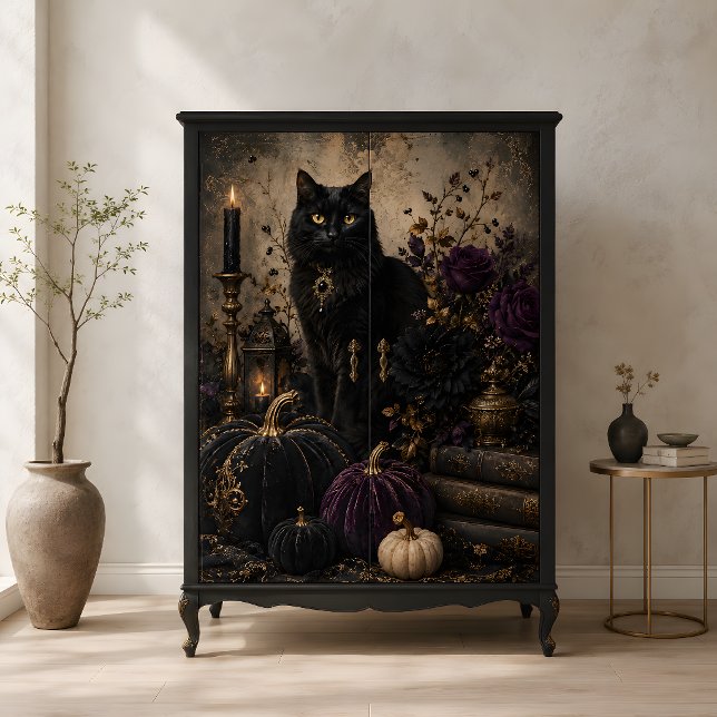 Papel De Seda Gatos Pretos Góticos Abóboras Rosas Roxas Hallowee (Black Cat Gothic Pumpkins Purple Roses Halloween Tissue Paper)