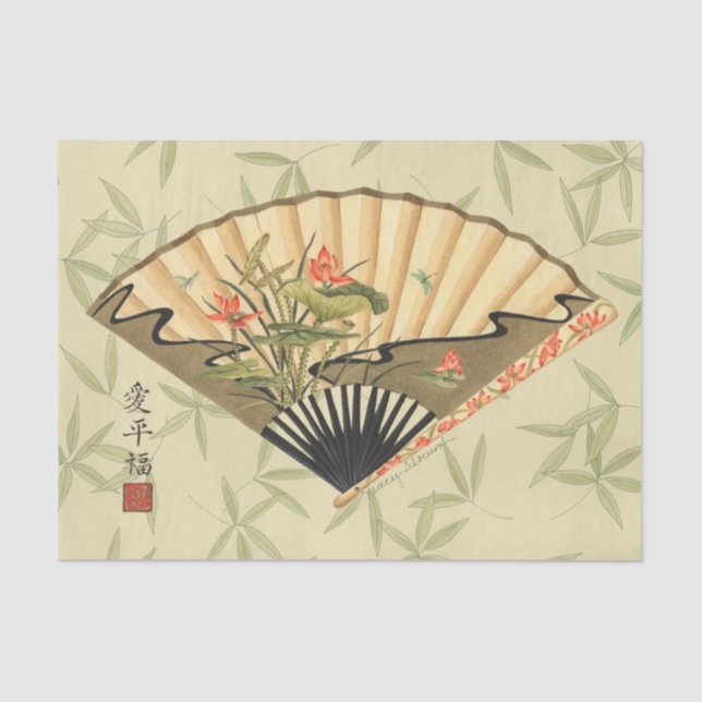 Papel De Seda Geisha Fan com Folhas e Impressão Floral (Frente )