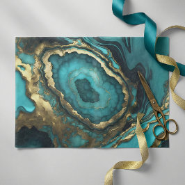 Papel De Seda Géode de Ágata Azul Teal Luxuoso Mármore Dourado