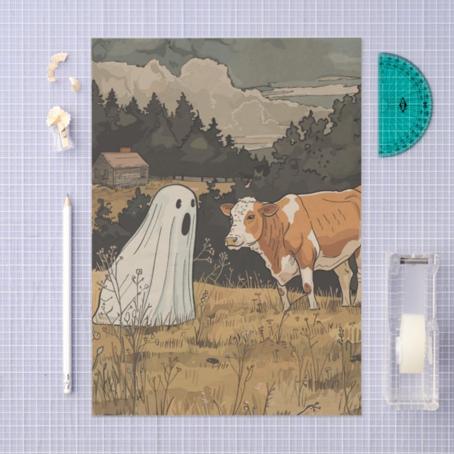 Papel De Seda Ghost and Cow Halloween Farmhouse Tissue Paper (Arte )