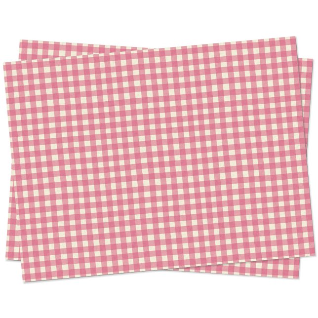 Papel De Seda Gingham Check Cherry Pink Cream (Pretty cherry pink and cream hand drawn summer gingham check plaid gift wrapping tissue paper)