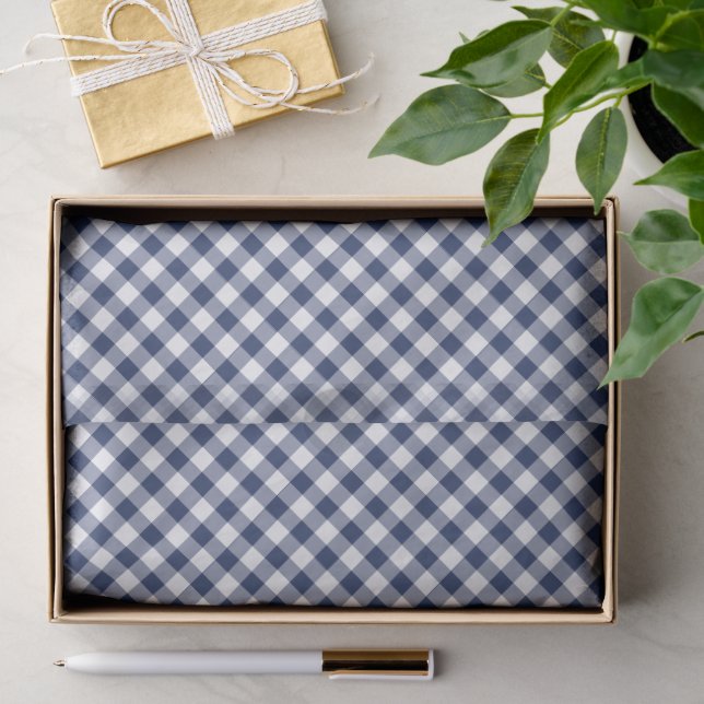 Papel De Seda Gingham Retrô Azul Marinho (Presente)
