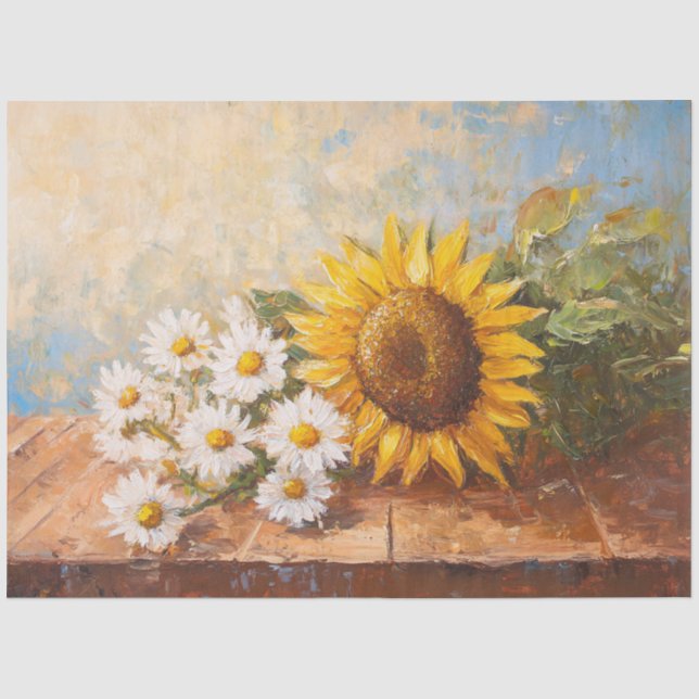 Papel De Seda Girassóis e Margaridas em Mesa Rústica Decoupage (Frente )