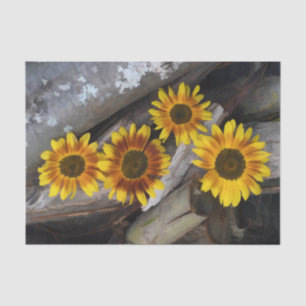 Papel De Seda Girassóis em Troncos Marrom Amarelo Arte Rústica V