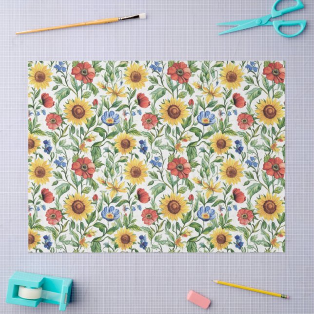 Papel De Seda Girassóis Florais Aniversário Azul Vermelho Amarel (Arte )