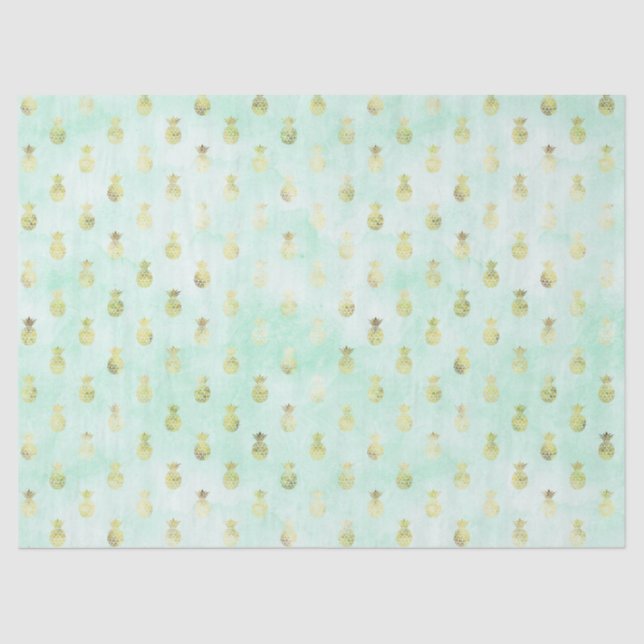 Papel De Seda Girly Mint Glam Dourado Ananases Tropicais (Frente )