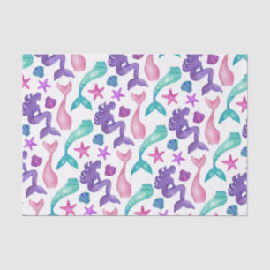 Papel De Seda Girly Watercolor Sereids Tales Seashells Patternos