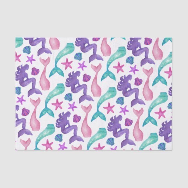 Papel De Seda Girly Watercolor Sereids Tales Seashells Patternos (Frente )