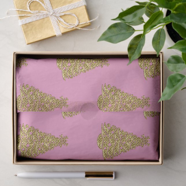 Papel De Seda Glam Golden Christmas Trees on Pink Christmas (Presente)