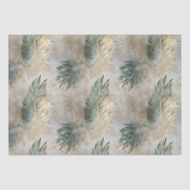 Papel De Seda Glam Verde Chic Dourado Folhas Tropicais Brancas (Frente )
