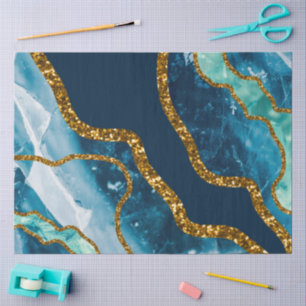 Papel De Seda Glitter de Geodo de Agato Azul e Dourado