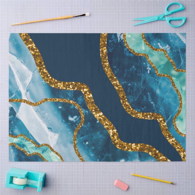 Papel De Seda Glitter de Geodo de Agato Azul e Dourado (Arte )