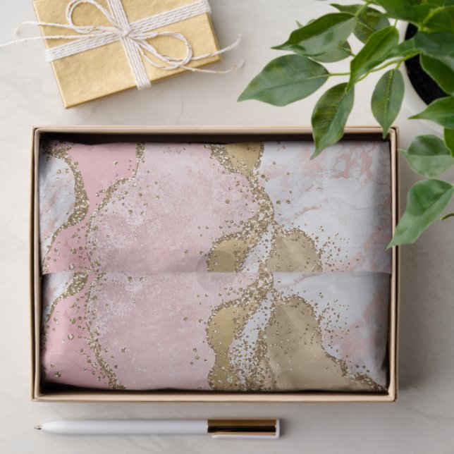 Papel De Seda Glitzy Pink White Marble Gold Glitter Birthday (Presente)