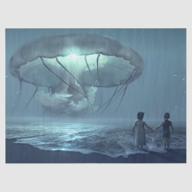 Papel De Seda Glowing jellyfish cloud over the ocean beach (Frente )