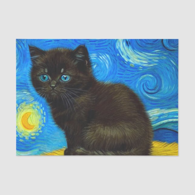 Papel De Seda Gogh Style Starry Night Cat (Frente )