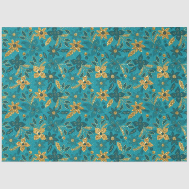 Papel De Seda Gold and Teal Blue Christmas Poinsettia Flowers (Frente )