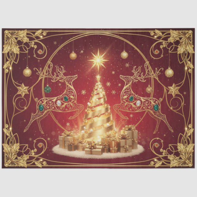 Papel De Seda Gold Christmas Reindeer Design (Frente )