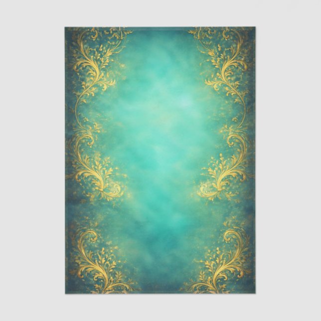 Papel De Seda Gold Filigree, Teal Background EZ7 Decoupage (Frente )