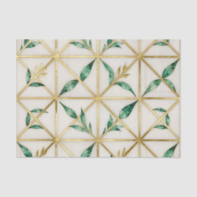 Papel De Seda Gold Geometric Emerald Leaf Luxury Pattern (Frente )