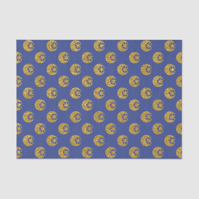Papel De Seda Gold Glitter Moon and Stars on Blue (Frente )