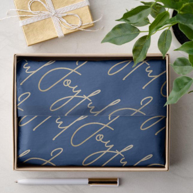 Papel De Seda Gold JOYFUL Script on Blue (Presente)