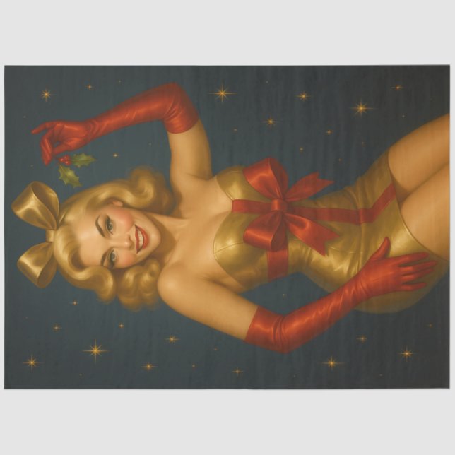Papel De Seda Golden Christmas Pinup with Red Bow (Frente )
