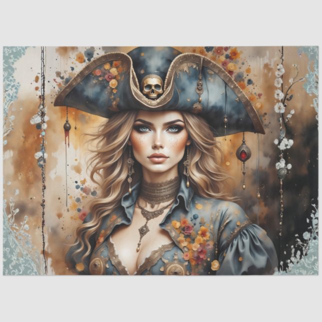 Papel De Seda Golden Pirate Queen | Nautical Caribbean Decoupage (Frente )