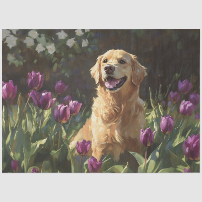 Papel De Seda Golden Retriever com Decoupage de Tulipas Roxas (Frente )