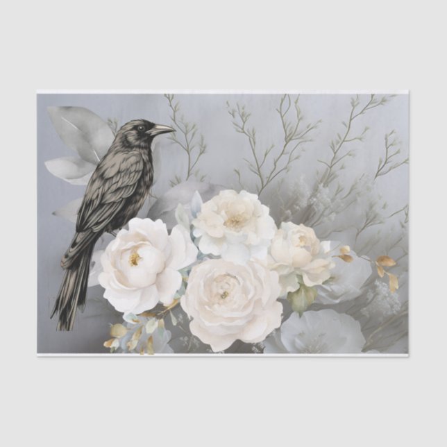 Papel De Seda Gothic Black Raven White Flowers  (Frente )