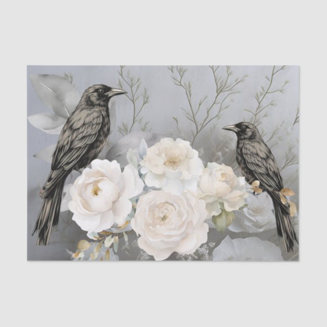 Papel De Seda Gothic Black Ravens & White Flowers  (Frente )